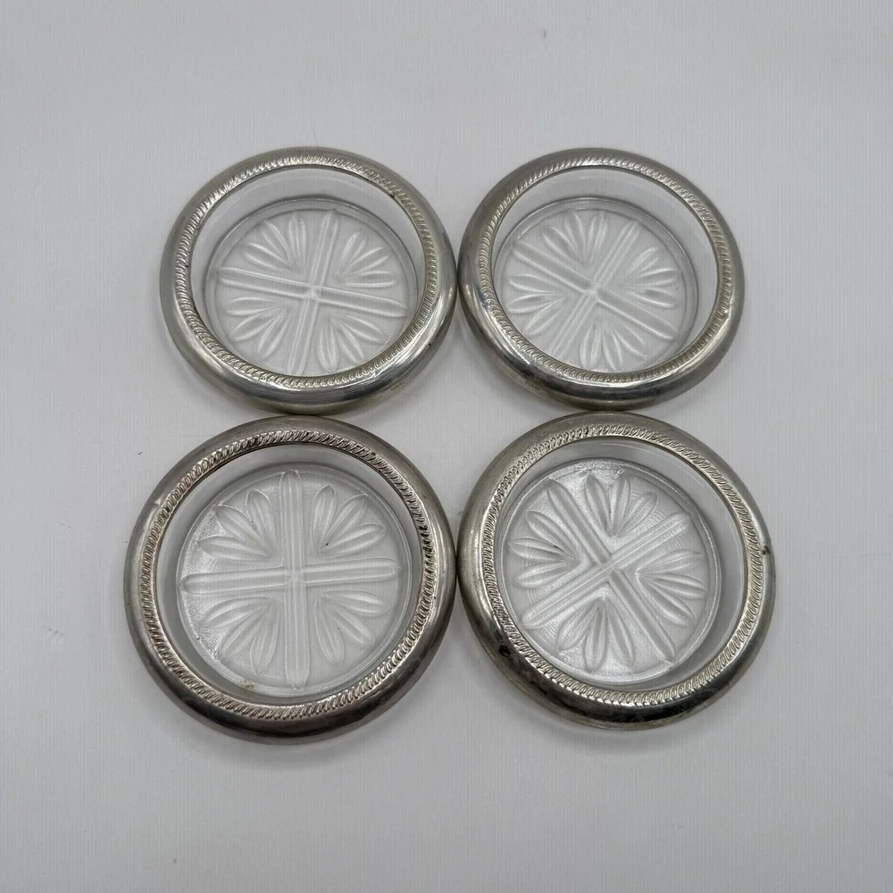F.B. Rogers Silver Co Coasters OS Silver Sterling Glass Set of 4 Starburst